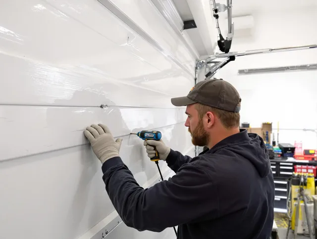 Chino Garage Door Repair technician demonstrating precision dent removal techniques on a Chino garage door