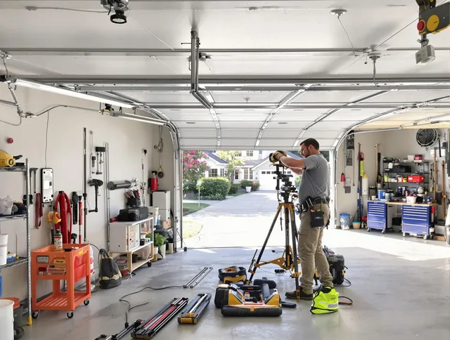 Chino Garage Door Repair specialist performing laser-guided track alignment in Chino